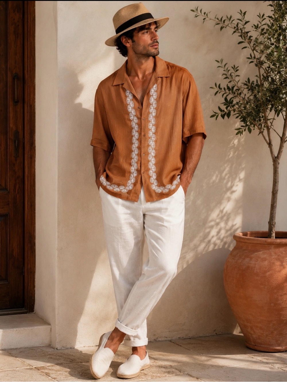 ASOS Rust Tan Short-Sleeve Embroidered Button-Down Shirt